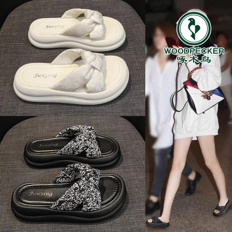 啄木鸟春夏季网红国风拖鞋女外穿ins爆款厚底一字拖休闲沙滩凉拖