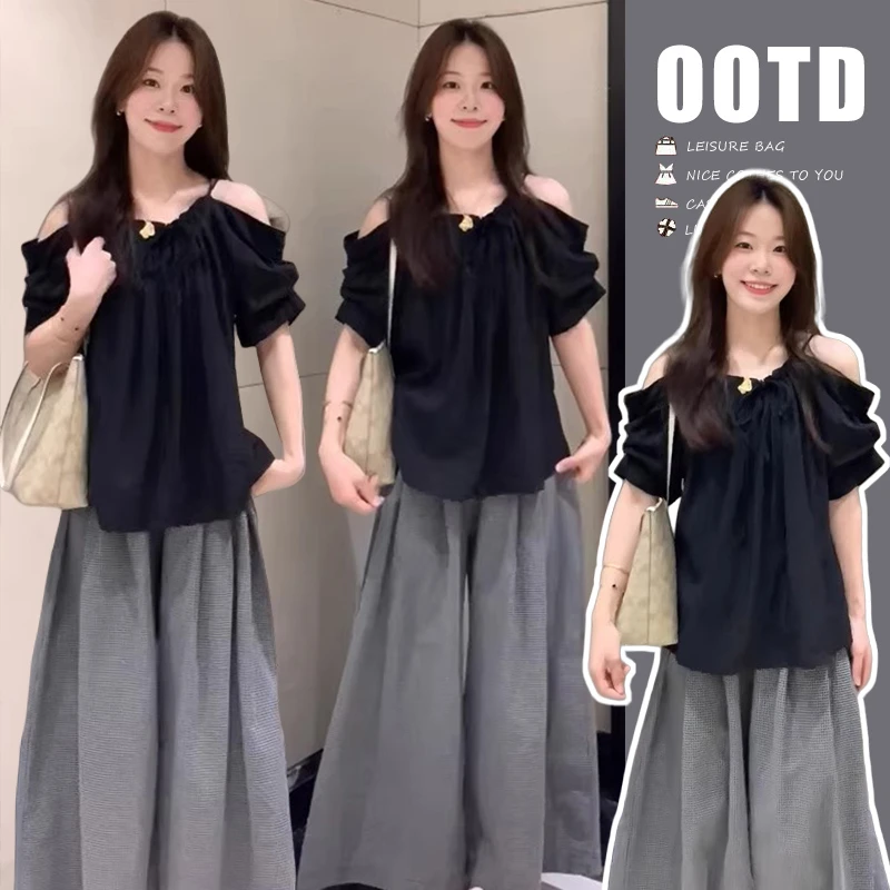 YNVO时尚2025夏季孕妇漏肩慵懒松弛上衣＋格子休闲直筒阔腿裤套装