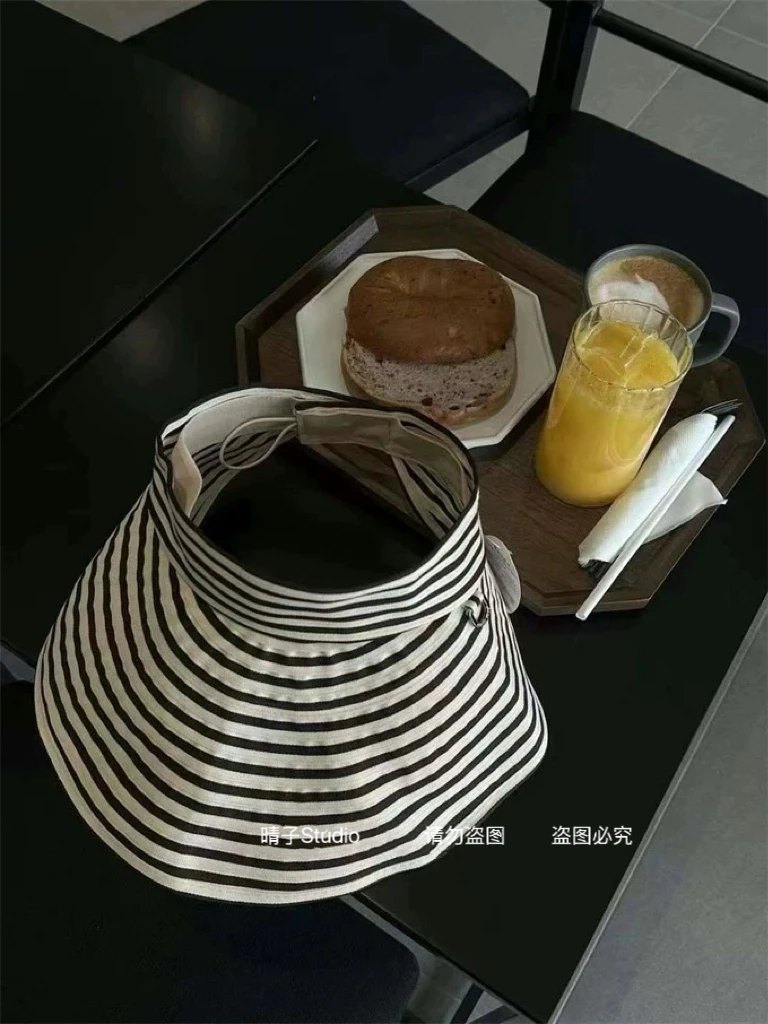晴子 东大门25年新款条纹蛋卷防晒帽可折叠轻盈透气防紫外线空顶