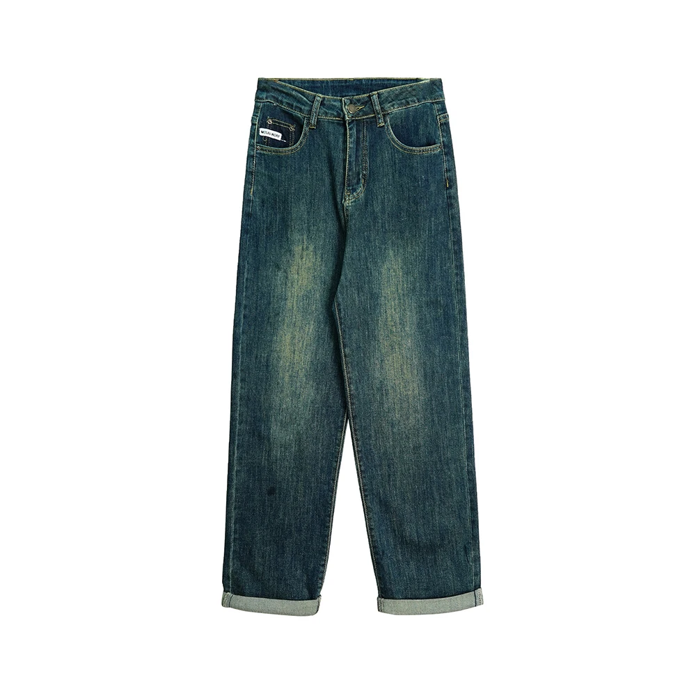 X1833【上新】复古做旧蓝色渐变阔腿美式高街宽松牛仔裤3Q