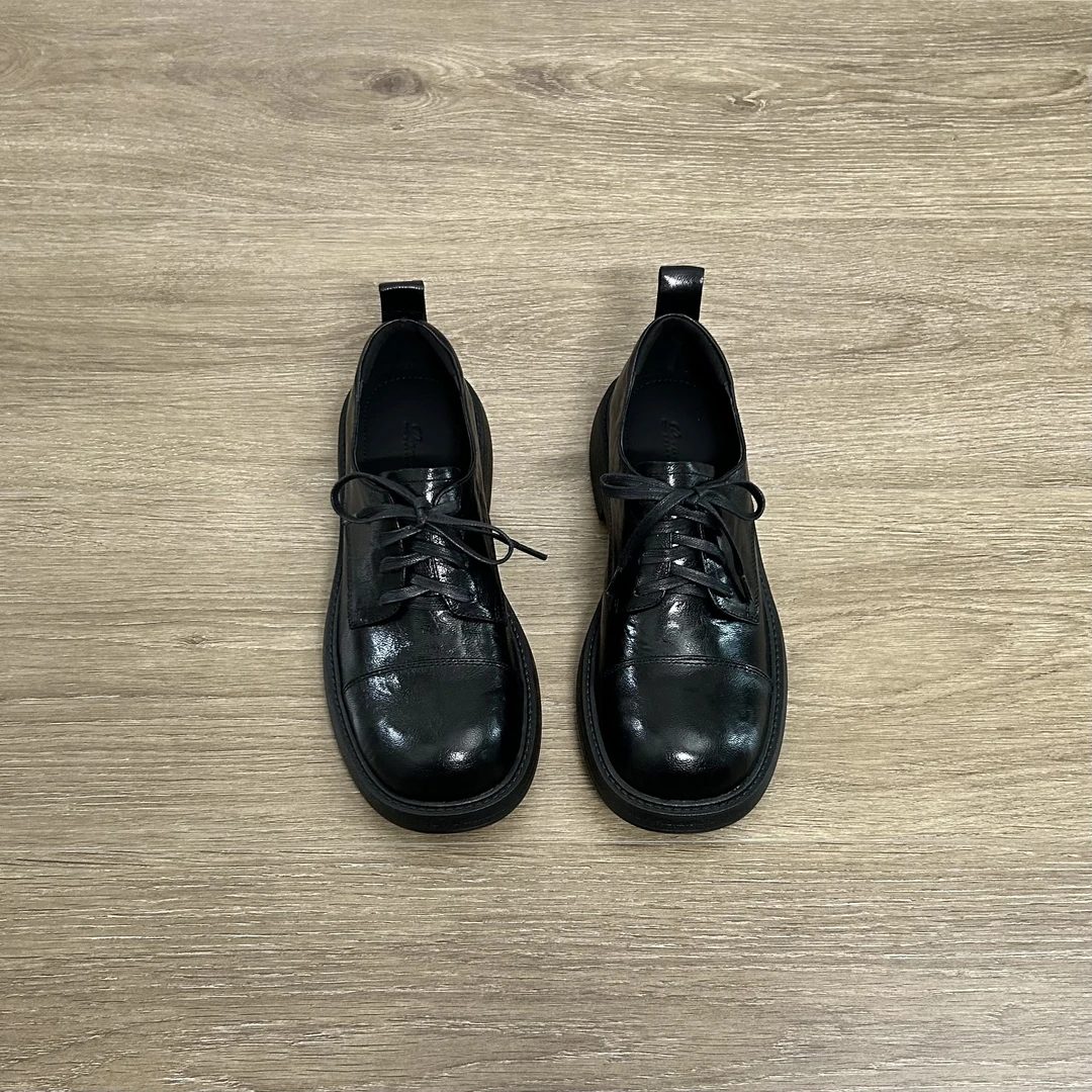 Dannyfrey秋冬新款时尚学院头层手抓羊皮系带圆头英伦乐福鞋3.8CM