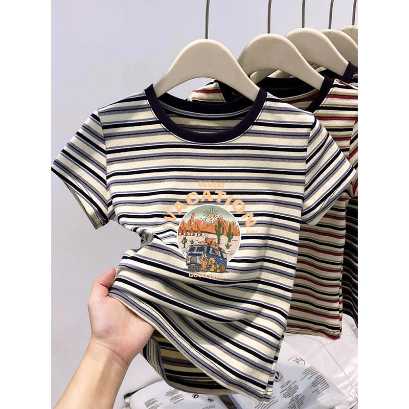 条纹拼色正肩短袖t恤女装时尚百搭洋气减龄印花上衣夏季2025新款