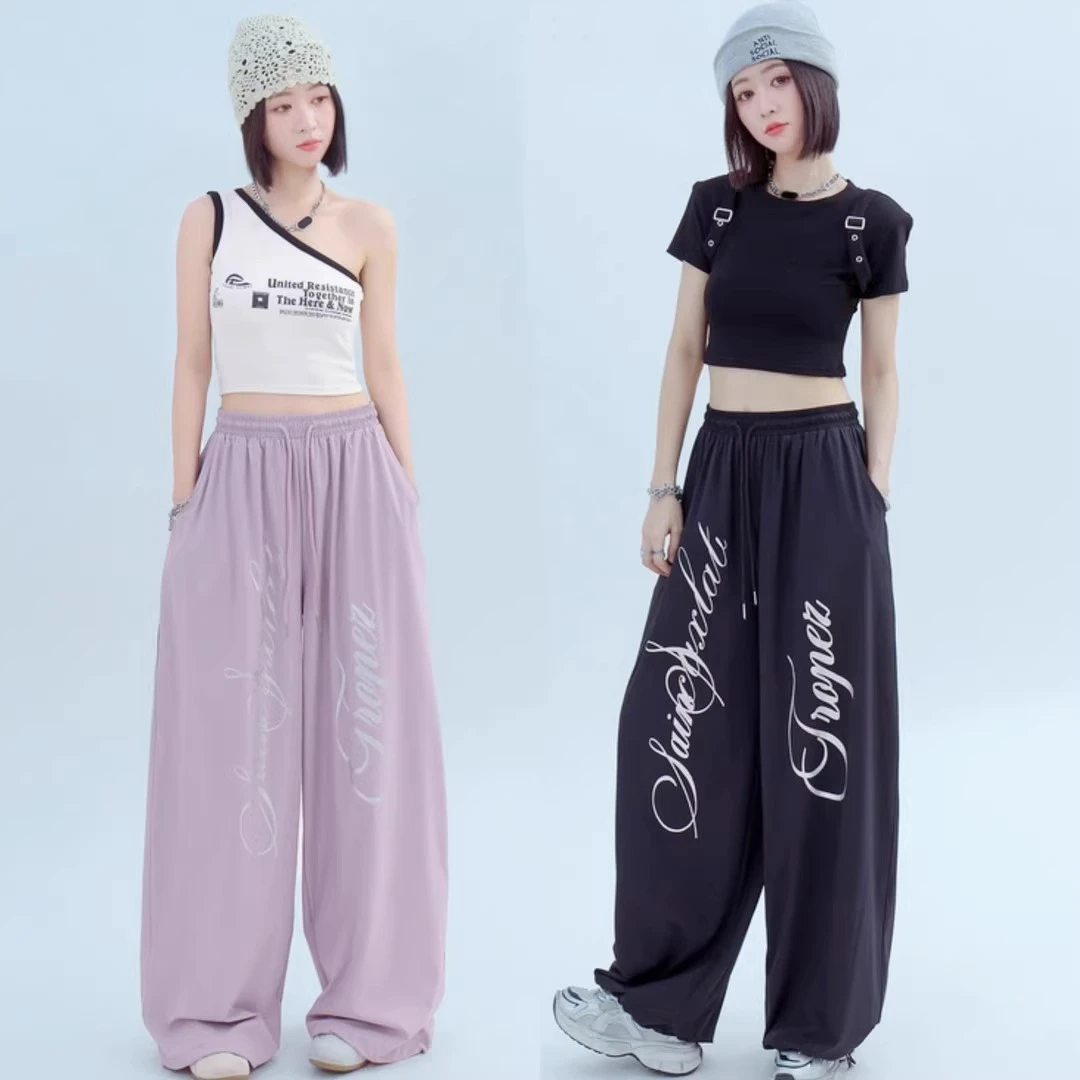 美式街头嘻哈大版型宽松爵士舞裤辣妹直筒阔腿简约休闲运动长裤潮