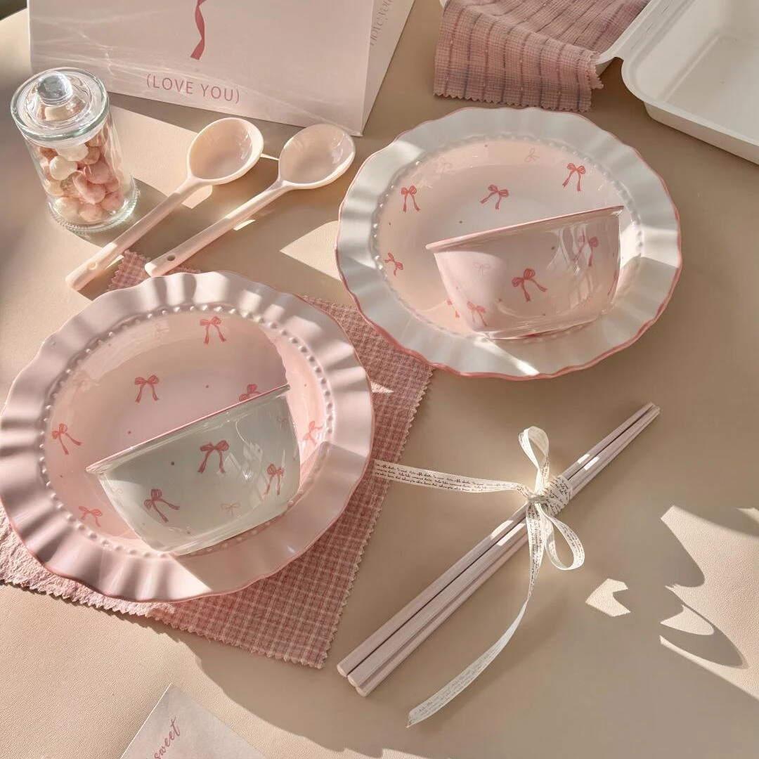 简约ins风高级感少女风釉下彩陶瓷碗盘套餐蝴蝶结波浪边餐盘套装