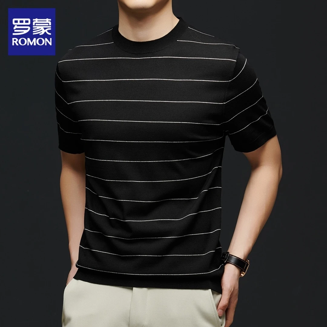 罗蒙天丝条纹短袖t恤男士夏季薄款冰丝凉感针织衫高端休闲上衣莱