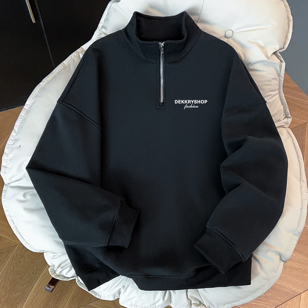 美式个性潮流英文印花半拉链翻领卫衣男女秋冬休闲polo领情侣上衣