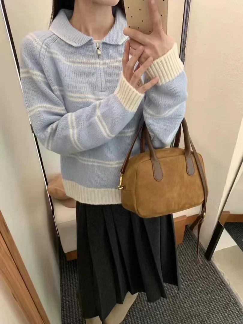鸡蛋家同款长袖条纹翻领polo