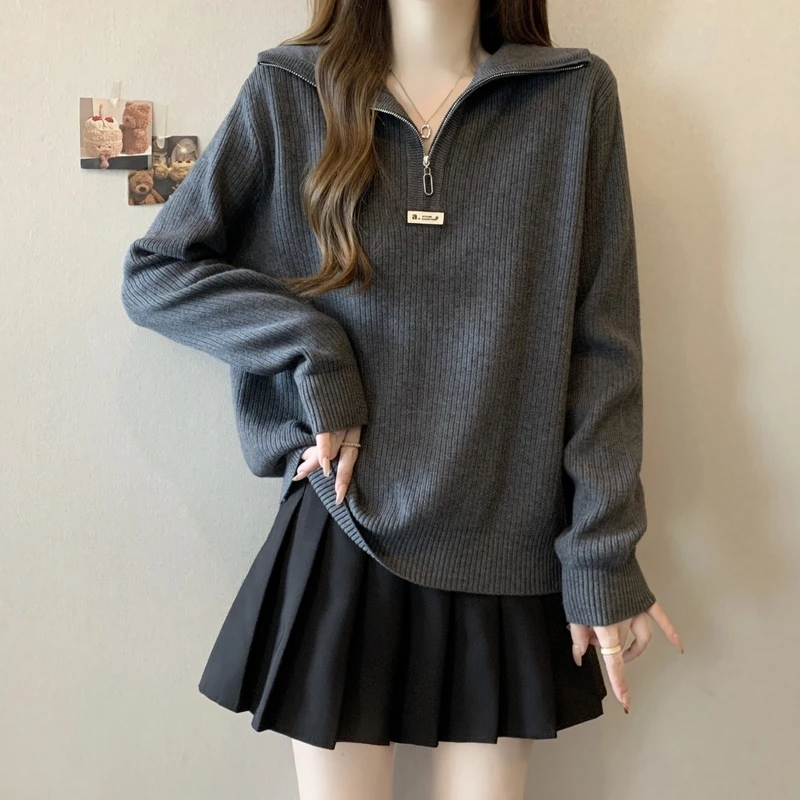 大码女装宽松显瘦拉链半开领针织上衣女秋冬加厚洋气减龄长袖毛衣