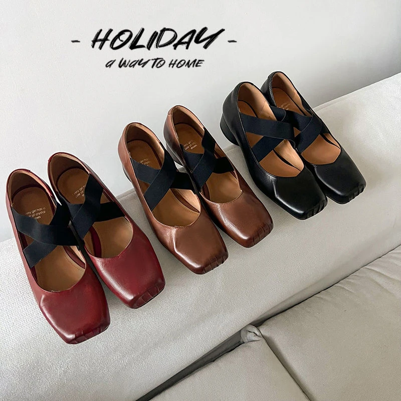 【牛皮】3CM单鞋粗跟芭蕾舞法式鞋浅口方头猪鼻鞋软底复古交叉绑带