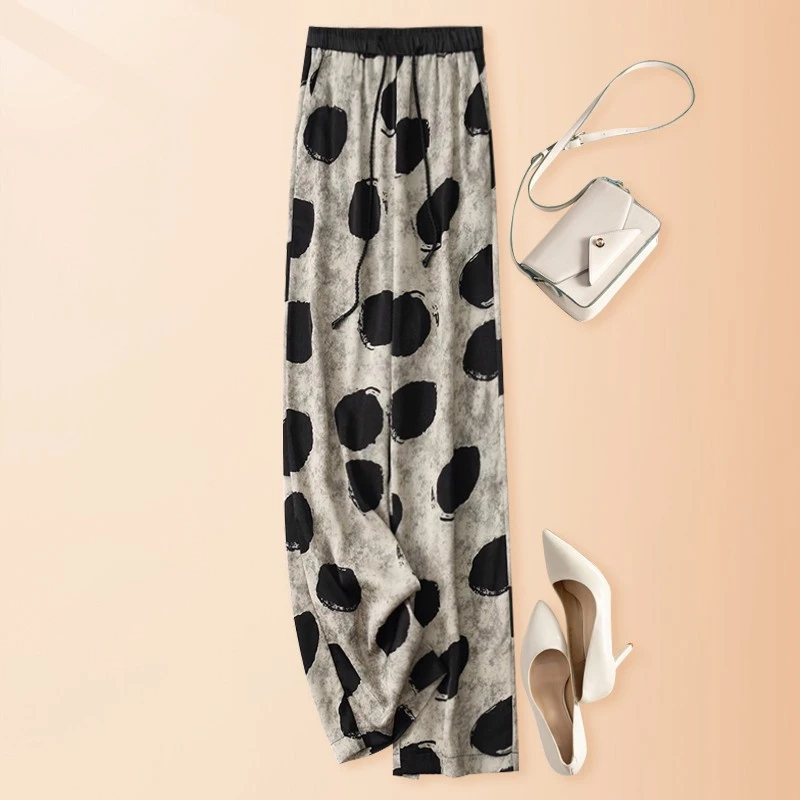 凉感冰丝质感波点晕染休闲阔腿裤女2025夏季新款薄款高腰直筒长裤
