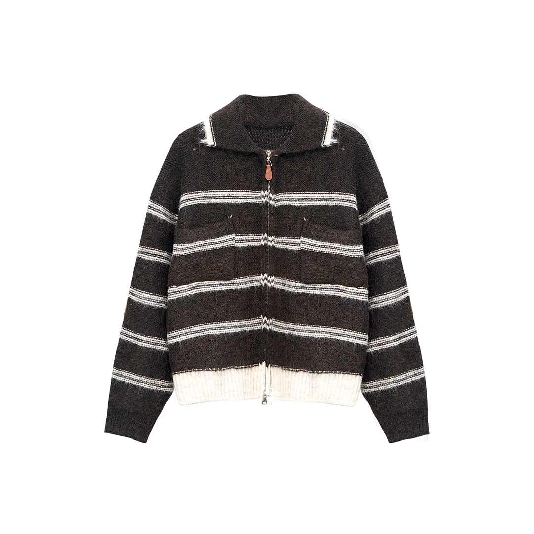 女条纹毛针织衫法式弹力条纹开衫POLO领薄款拼色针织OP-264