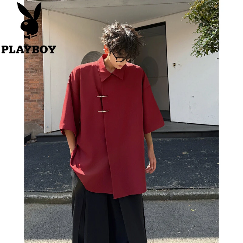 花花公子新中式国风冰丝短袖衬衫男2025秋季新款宽松纯色上衣T恤
