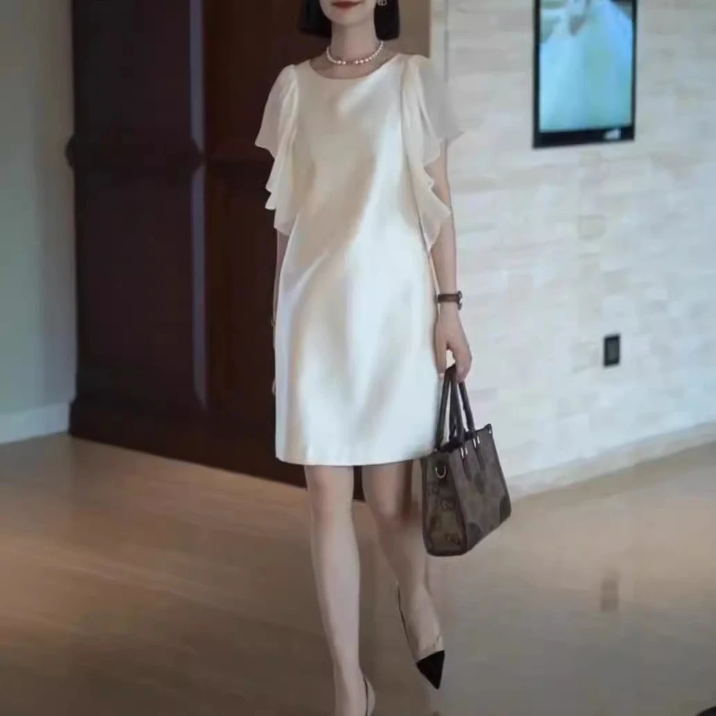 大爱美依缘2025夏季新款高端精致荷叶边中长款连衣裙显瘦女气质白