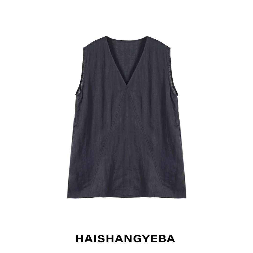 【海上叶爸】新款2025夏季百搭亚麻V领简约通勤无袖衬衫