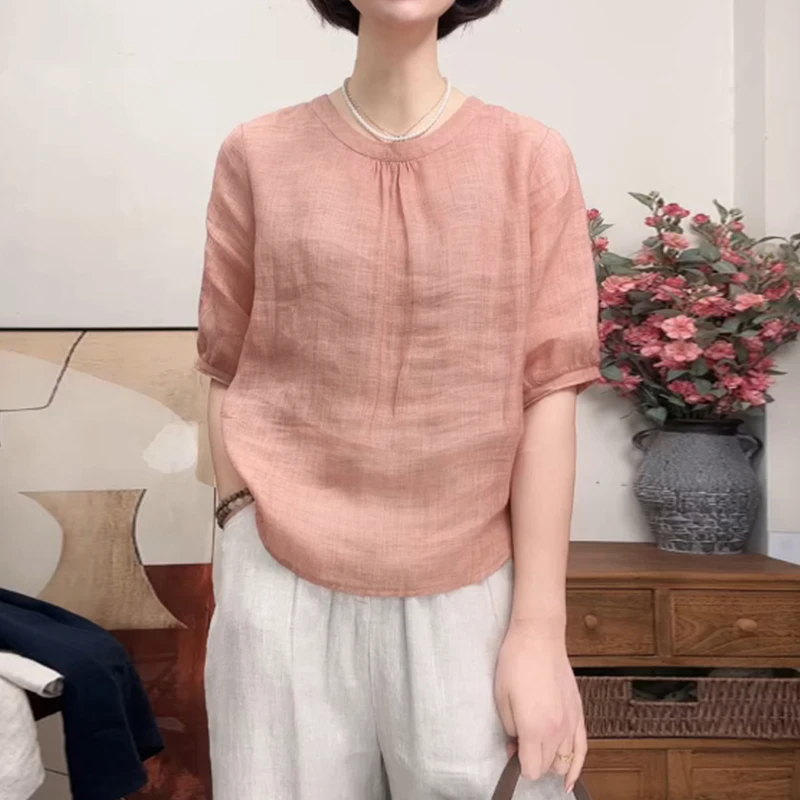 小众简约风纯色圆领衬衫女新款轻薄凉感宽松慵懒显瘦单排扣上衣夏