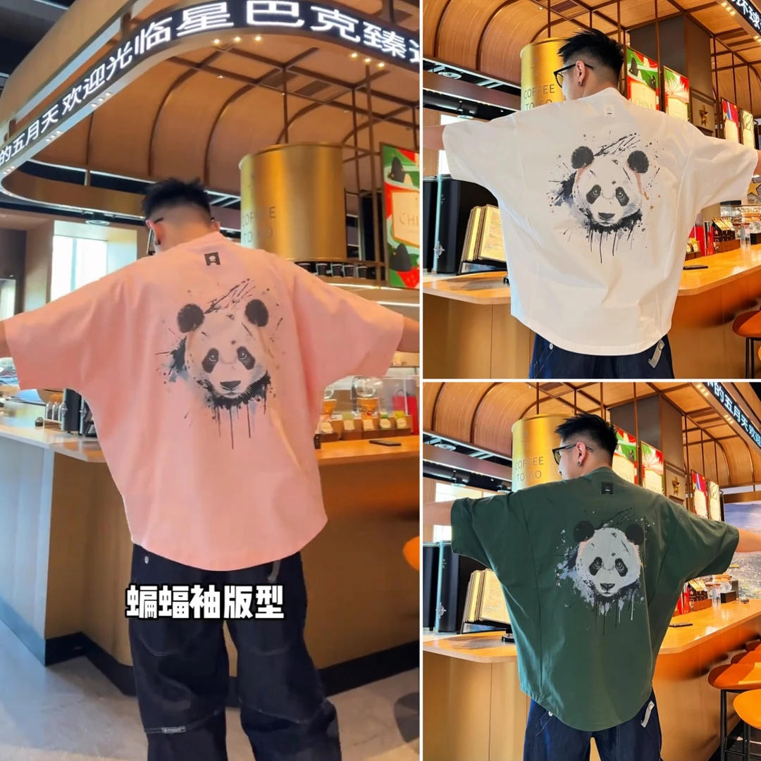到位二狗夏季新款蝙蝠袖彩绘泼墨熊猫美式宽松大码潮流短袖T恤男