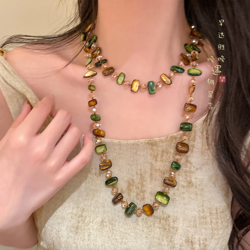 非金属贝壳项链 波西米亚绿色贝壳长款项链叠戴民族风毛衣链女