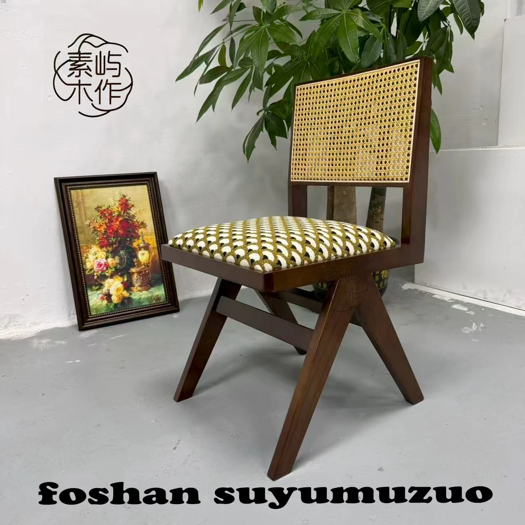 北欧复古实木餐椅设计师藤编椅昌迪加尔椅靠背休闲椅原木风家用