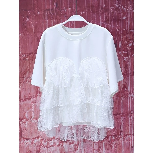 【韩哥女装】月光白拼接水溶蕾丝时尚休闲短袖T恤衫9557