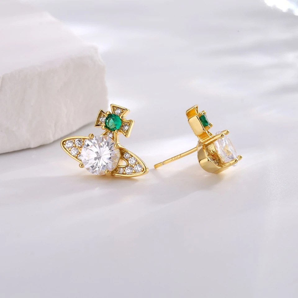 铜合金锆石耳饰 真金电镀925银针精致彩锆西太土星简约 BE5001