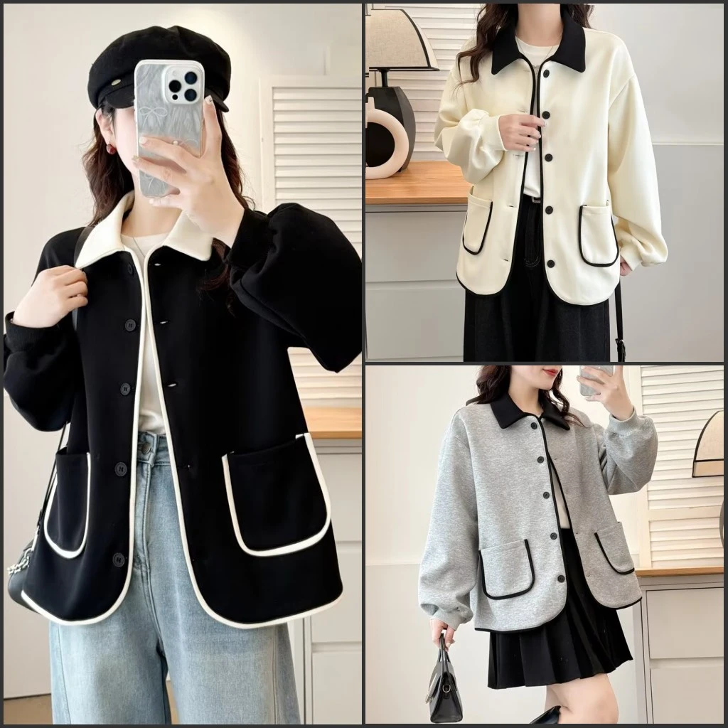 大码胖mm法式小香风外套春新款韩版时尚显瘦拼色翻领宽松休闲上衣