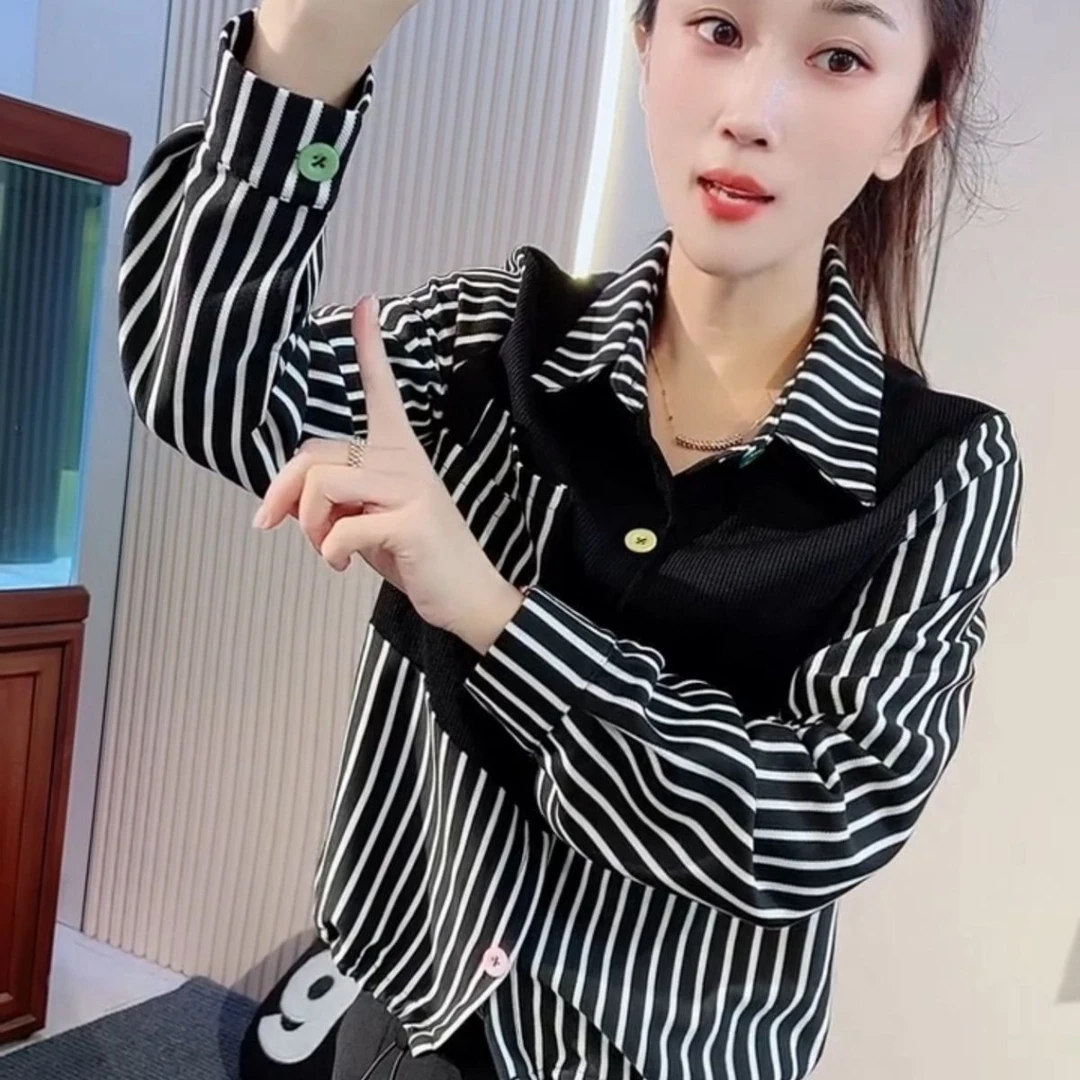 网红同款欧洲站时尚百搭衬衫女2025秋季新款拼接条纹POLO领外套潮