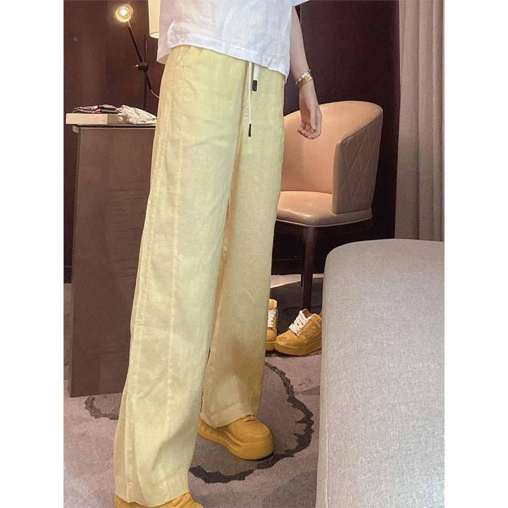 时尚洋气松紧腰抽绳直筒休闲裤女2025新款夏季高腰垂感直筒长裤子