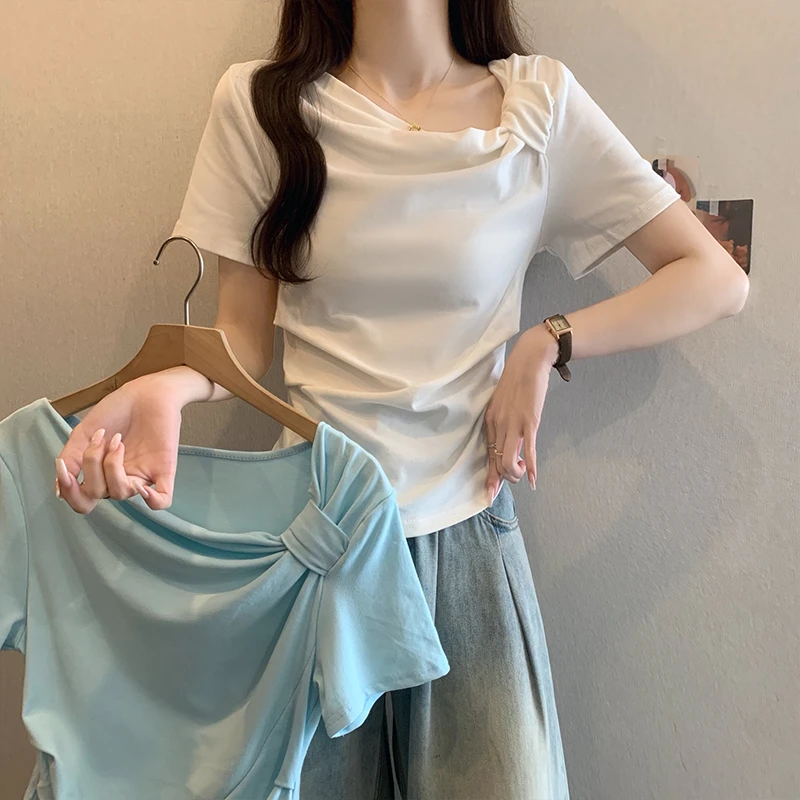X新款不规则t恤女2025新款夏季大码胖mm修身显瘦短款交叉上衣