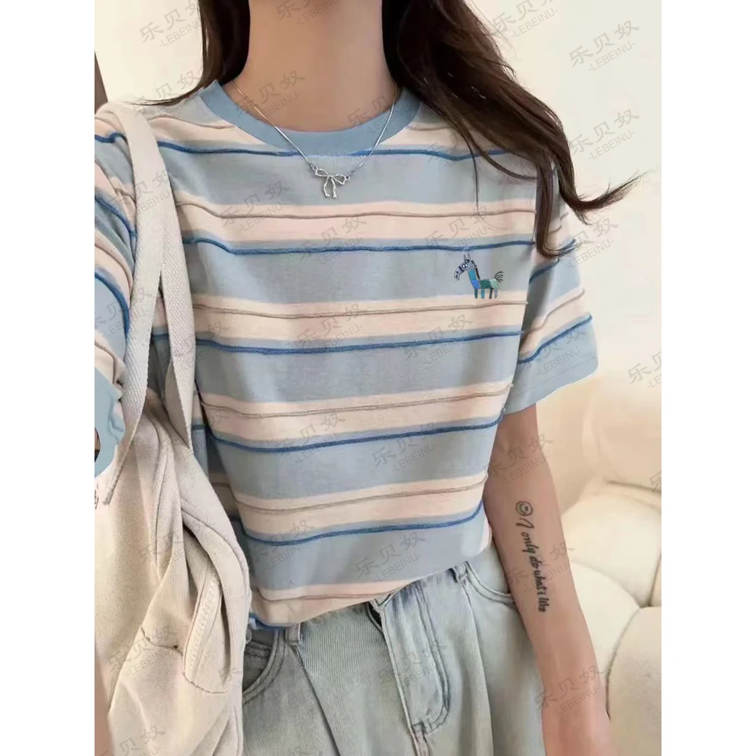 清仓福利「松驰感」外贸原单【男女同款】纯棉多巴胺条纹上衣t恤25006