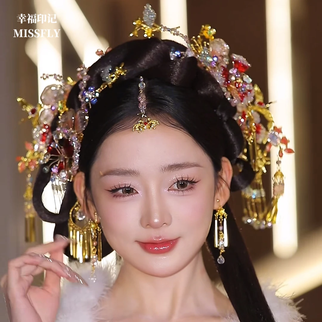 金红色新中式新娘秀禾头饰眉心坠水晶花朵步摇旗袍汉服发饰减龄