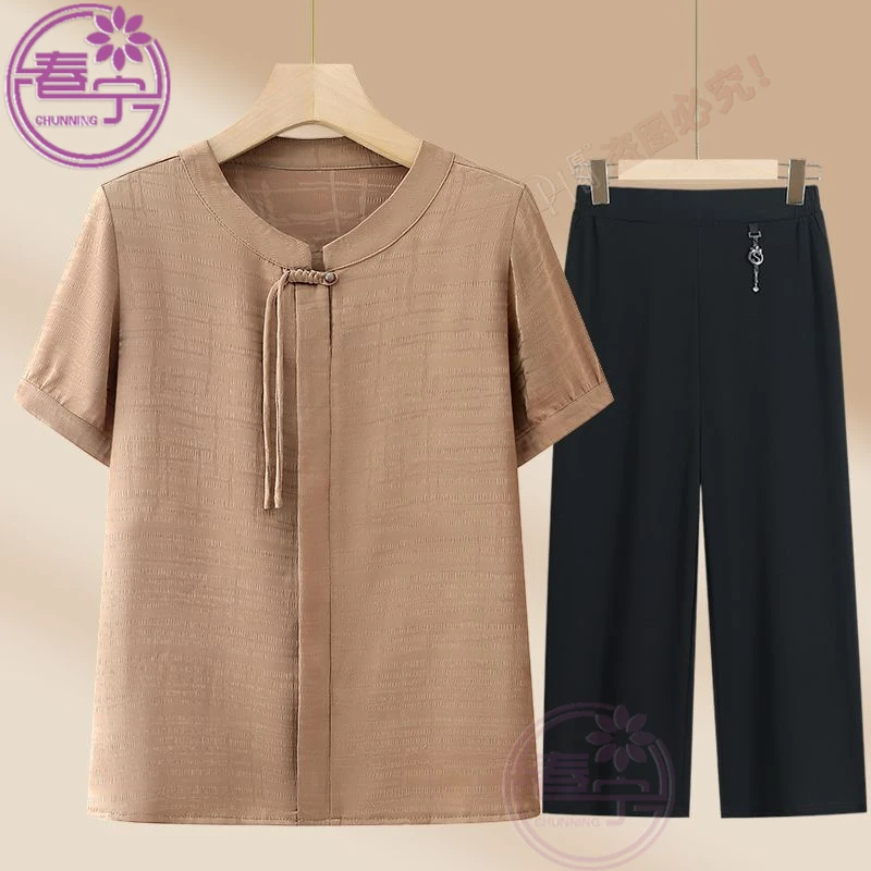 妈妈休闲薄款短袖T恤中年女装夏装上衣服中老年夏季洋气盘扣小衫