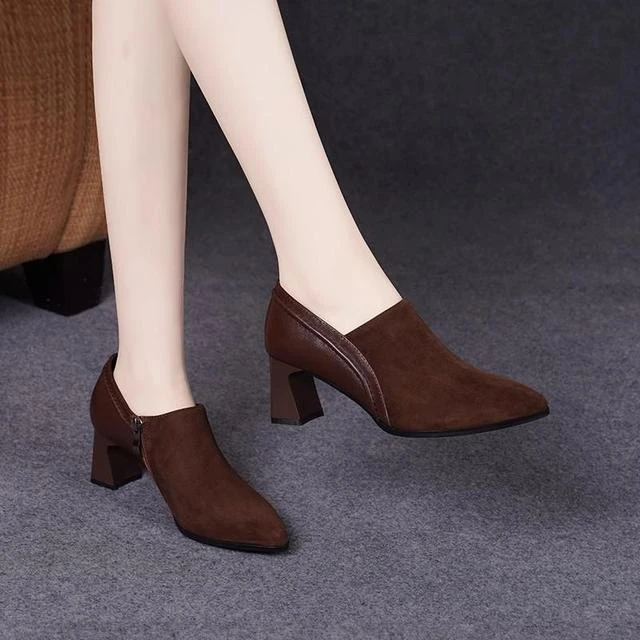 2025新款春秋季尖头深口单鞋女粗跟高跟皮鞋秋款中跟磨砂真皮女鞋
