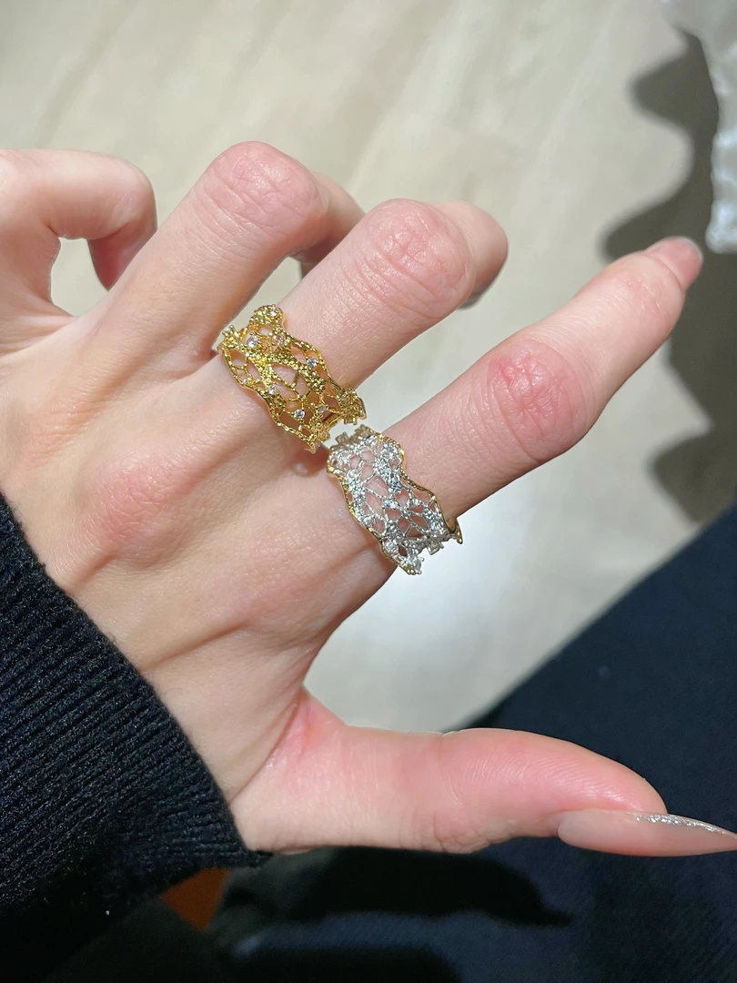 铜合金锆石戒指 高定重工复古【蕾丝点钻】轻奢气质戒指