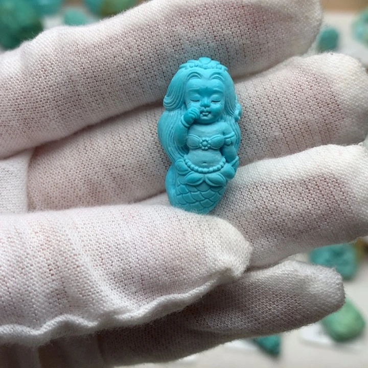 绿松石未镶嵌珠宝奇石高瓷蓝美人鱼14.1*27mm
