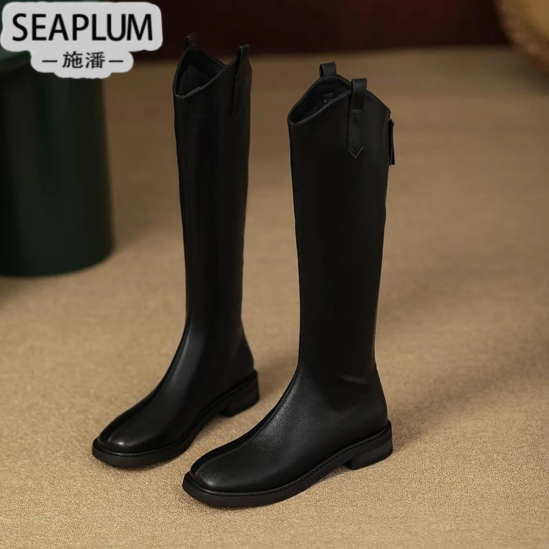 SEAPLUM网红2025年新款v口中筒靴女士高筒真皮靴子不过膝长靴百