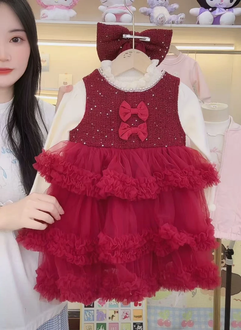 【谷谷家】红色蝴蝶结加绒两件套裙