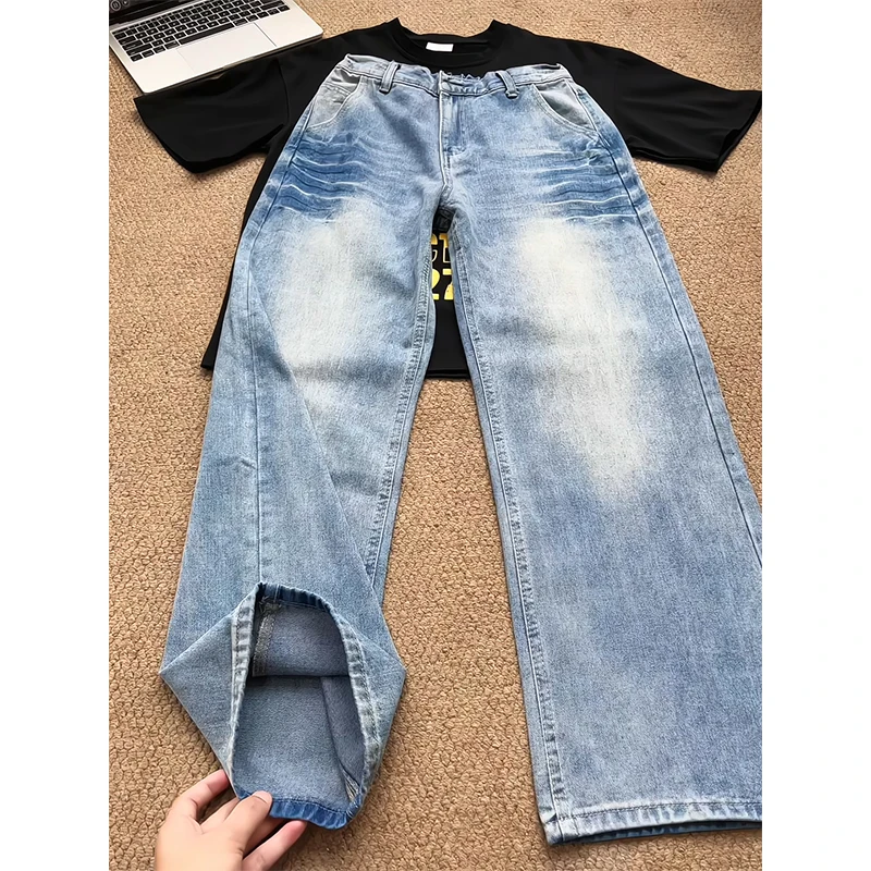 水洗爆裂闪电纹牛仔裤男女款美式高街vibe裤子宽松直筒阔腿微喇裤