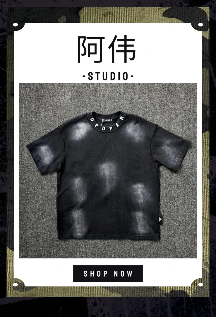 阿伟家 重磅夏季男士休闲t恤T恤黑色水洗XP501068