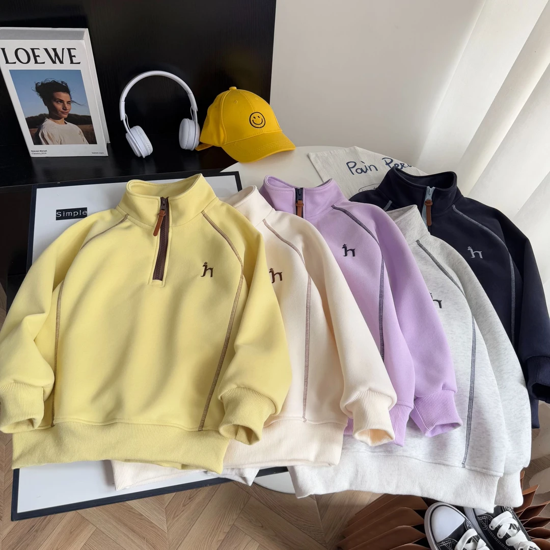 肉肉家-【明线半拉链立领卫衣】儿童春季糖果色系宽松舒适休闲上衣