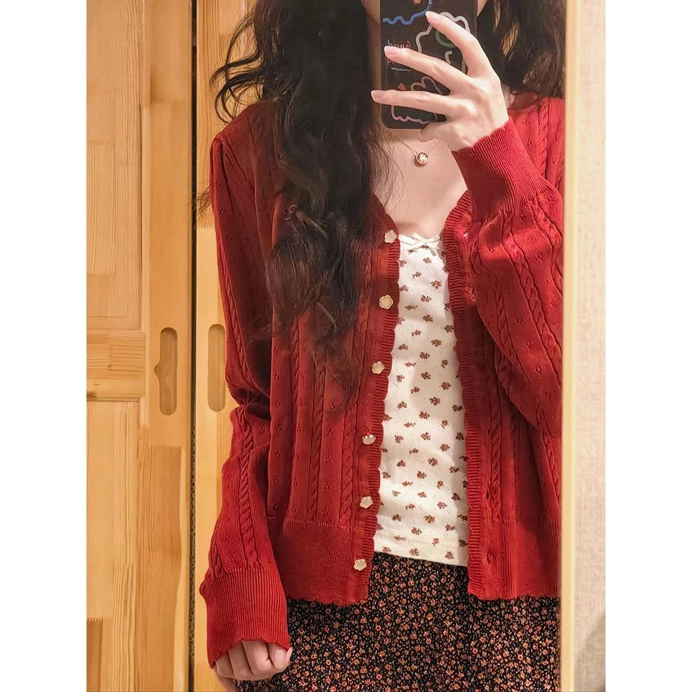 新年红色针织开衫女春秋穿搭高级感V领毛衣外套bm小个子短款上衣