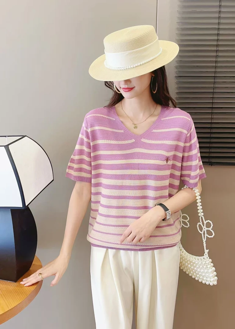 短袖t恤女2025新款显瘦彩色条纹大码女装夏季薄款棉线针织衫上衣