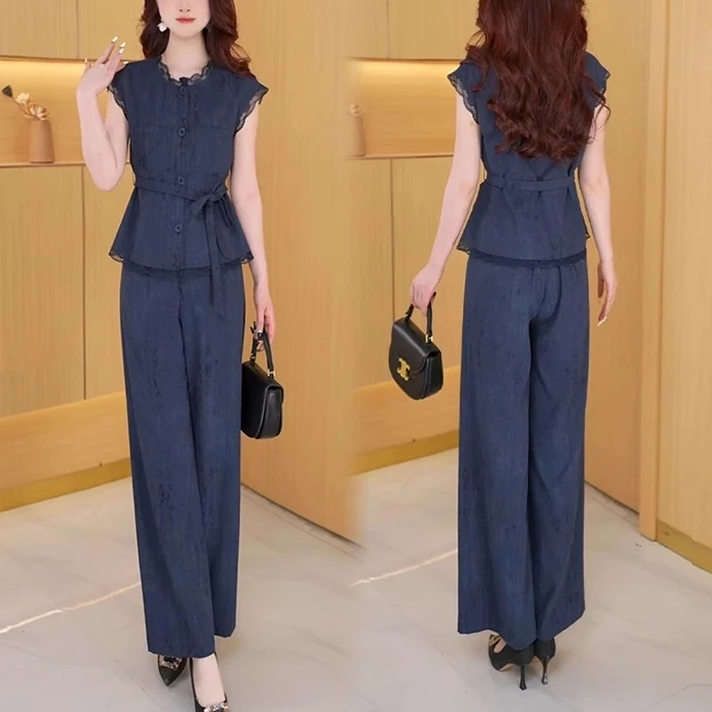 时尚百搭休闲套装女2025夏季新款洋气显瘦设计感上衣阔腿裤两件套