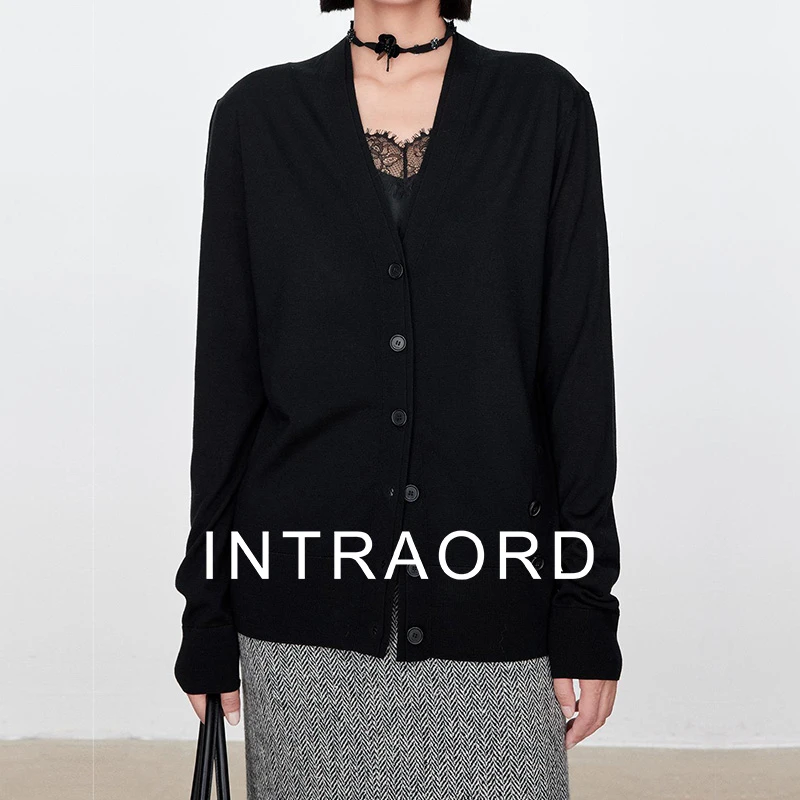 INTRAORD 德国扬子纱精纺羊毛衫女秋季新款双层领扭褶V领长袖开衫