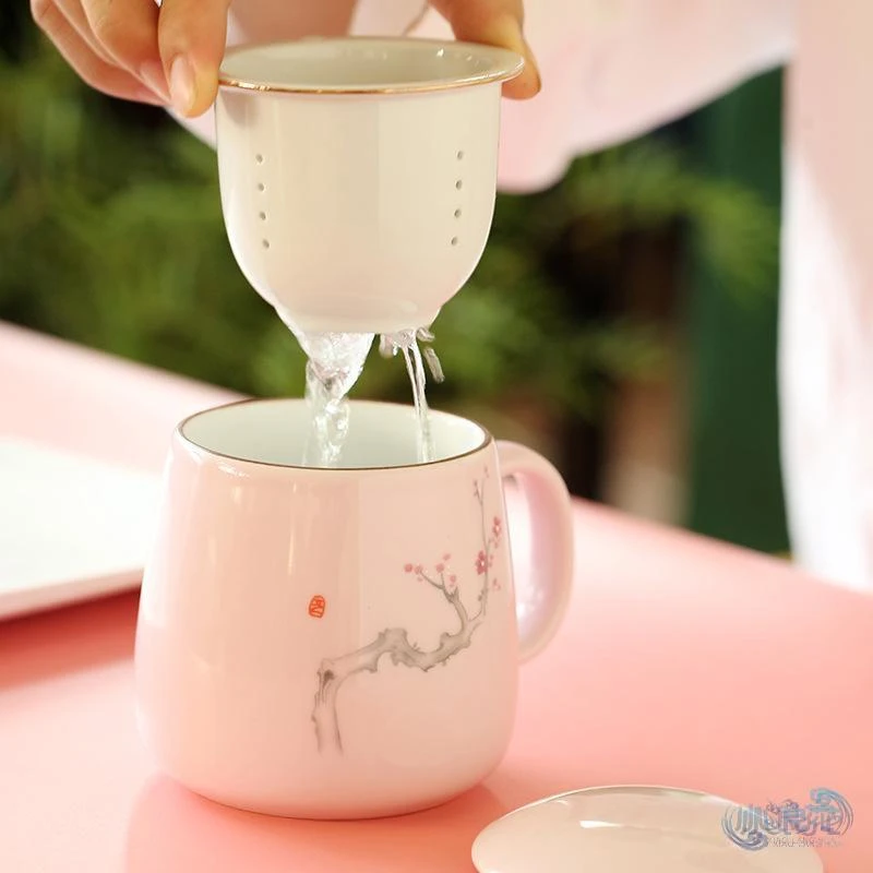 陶瓷花茶水杯女茶水分离杯马克杯带过滤办公室泡茶杯刻字印制AQP