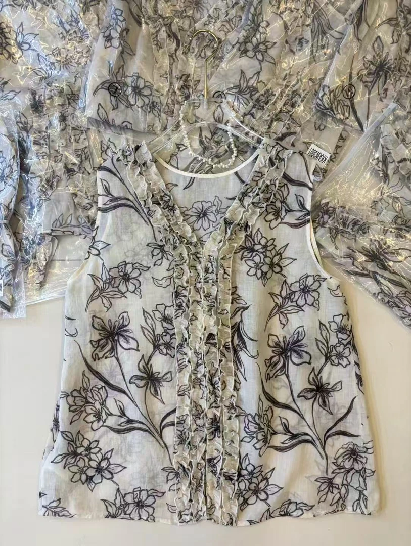 南法100苎麻木耳边小花衬衫前后两穿洋气百搭