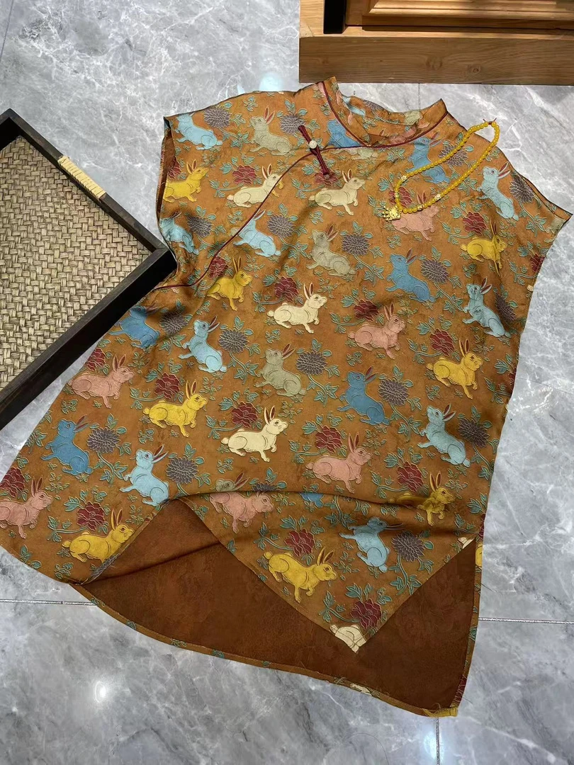 谢美丽-精选咖色钱兔似锦上衣衬衫新中式