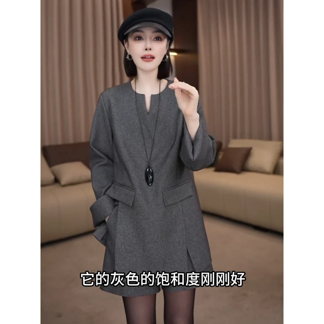秋季新款冷淡系一整套灰色西装连衣裙上衣职业套装女时尚洋气时髦