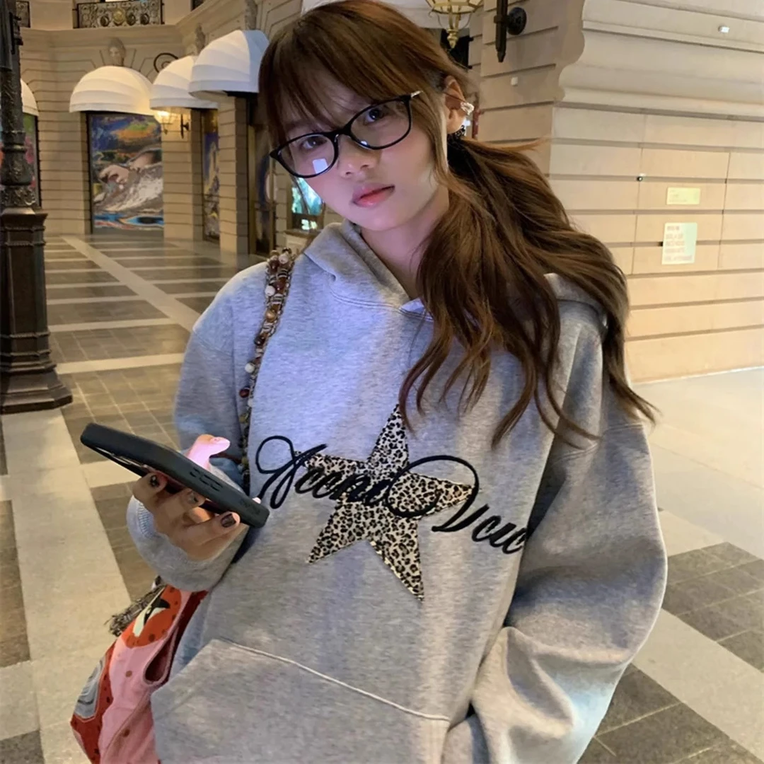 美式复古豹纹星星刺绣连帽卫衣女秋冬2025新款加绒加厚宽松帽衫潮
