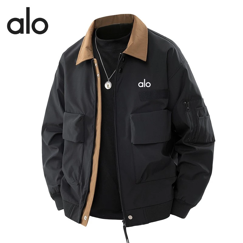 alo翻领撞色户外拼色工装夹克男士春秋季美式痞帅保暖外套夹克
