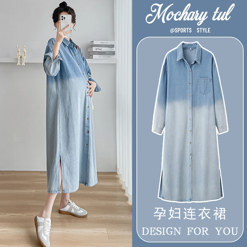 孕妇春装连衣裙2025新款蓝色春季长袖衬衫裙长款大码宽松裙子春秋